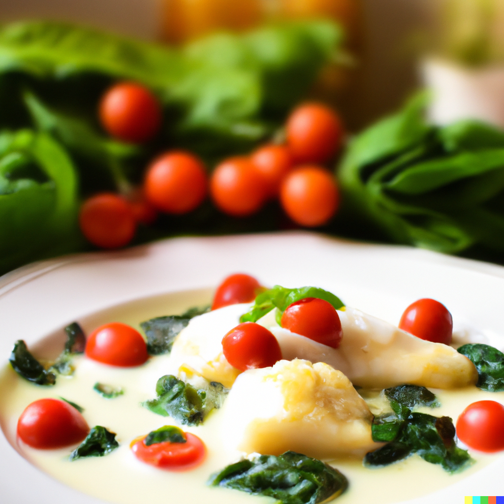 Poached Fish in Coconut Cream, Thai Basil and Cherry Tomatoes